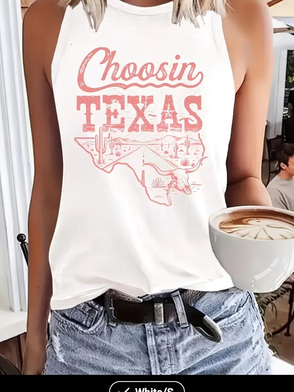 Choosin Texas Graphic Tank Top - White with Coral Print